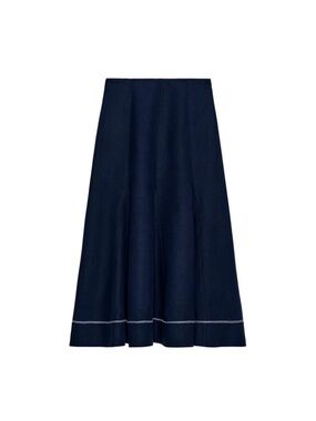 Zara Women’s Embroidered A Line Midi Skirt Ink Blue Navy